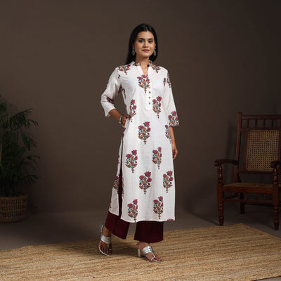 White - cotton straight sanganeri kurta 06 - handcrafted