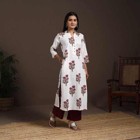 White - cotton straight sanganeri kurta 06 - handcrafted