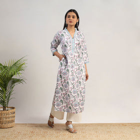 White - Block Print Cotton Straight Sanganeri Kurta 11