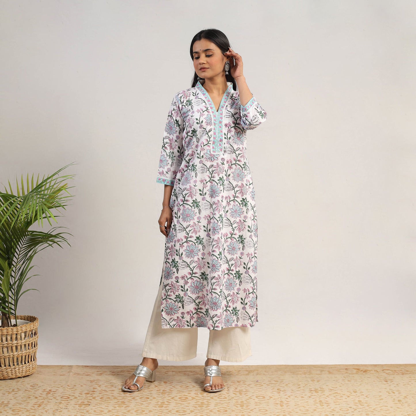 White - Block Print Cotton Straight Sanganeri Kurta 11