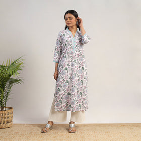 White - Block Print Cotton Straight Sanganeri Kurta 11
