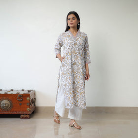 Buy White Straight Cotton Sanganeri Print Kurta for Women