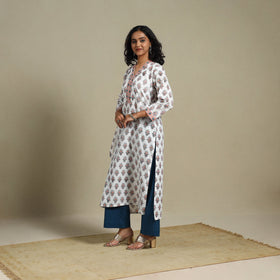 White - cotton straight sanganeri kurta 11 - s - handcrafted