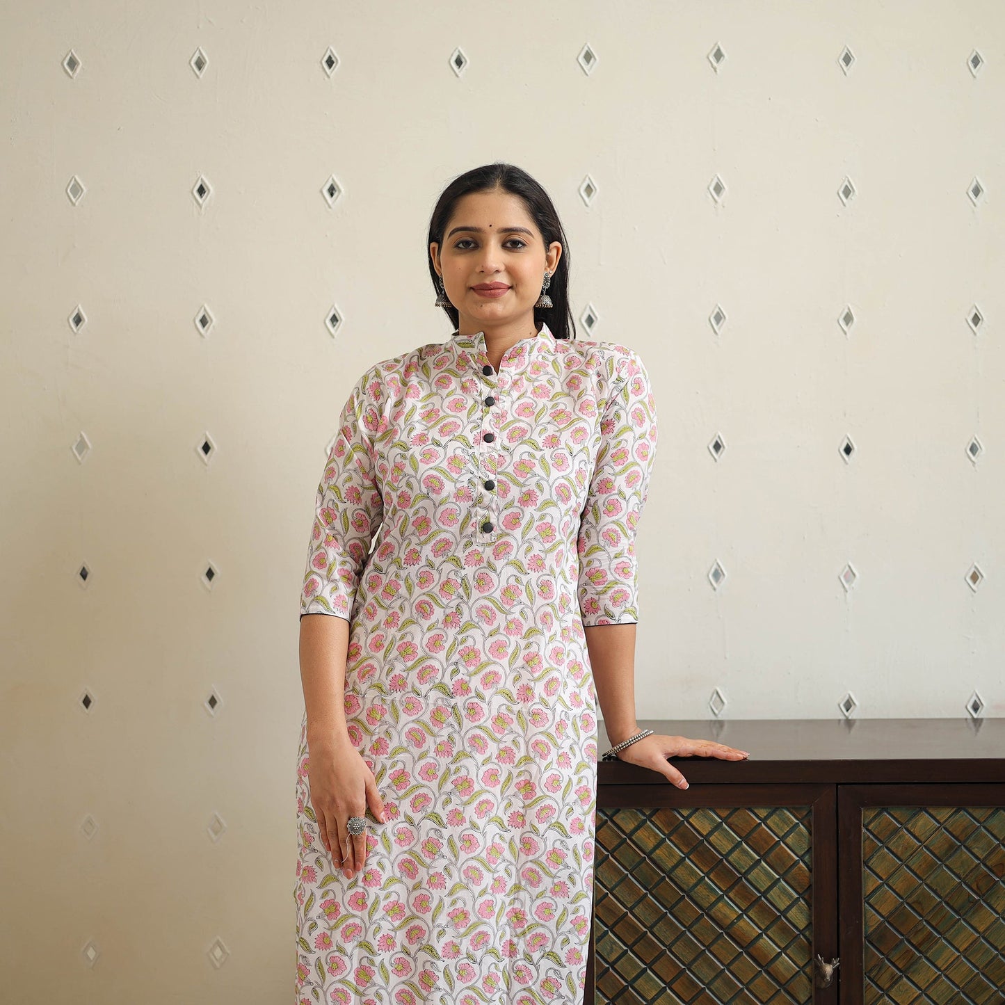 White Block Print Cotton Straight Sanganeri Kurta for Women