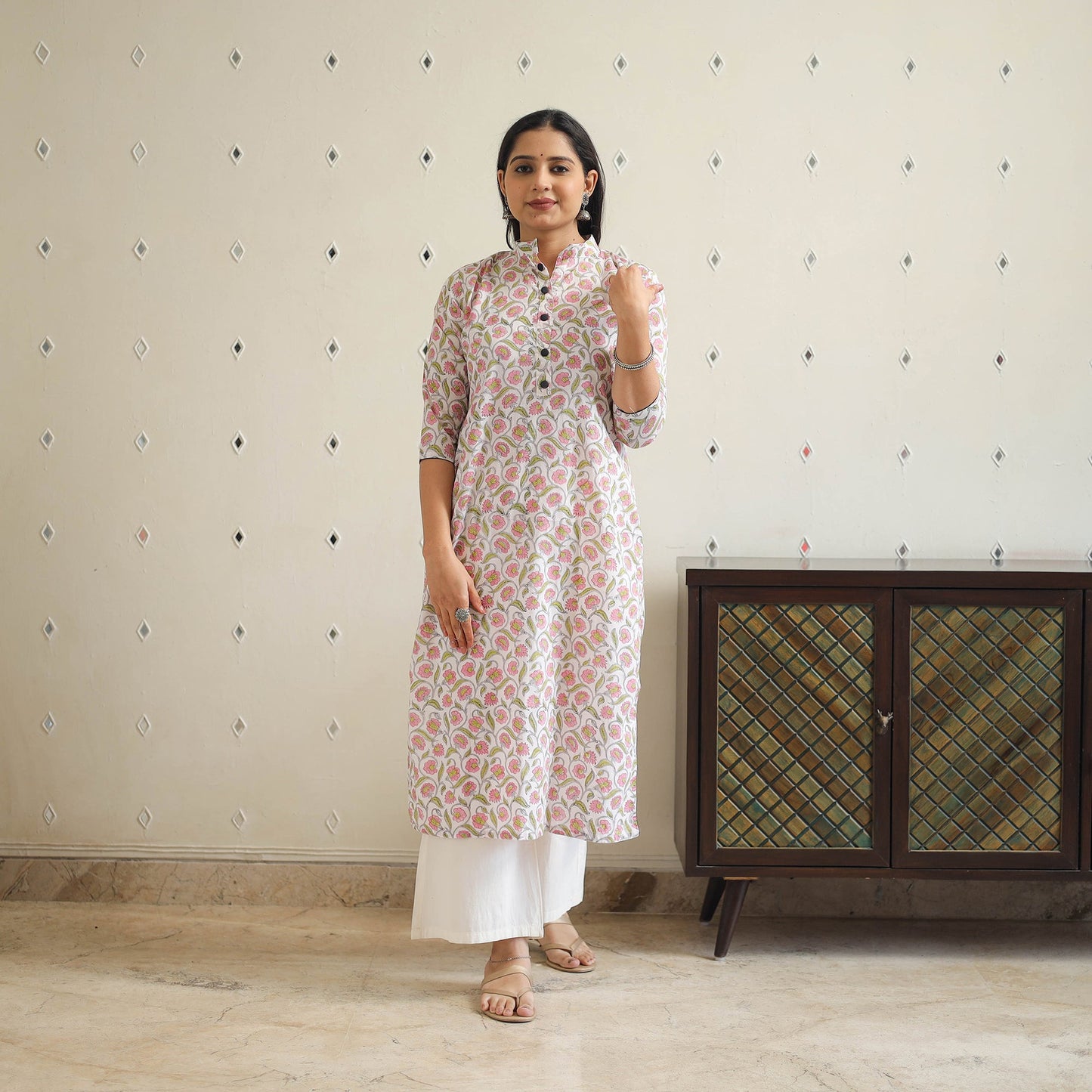 White Block Print Cotton Straight Sanganeri Kurta for Women