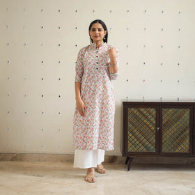 White Block Print Cotton Straight Sanganeri Kurta for Women