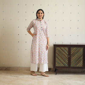 White Block Print Cotton Straight Sanganeri Kurta for Women