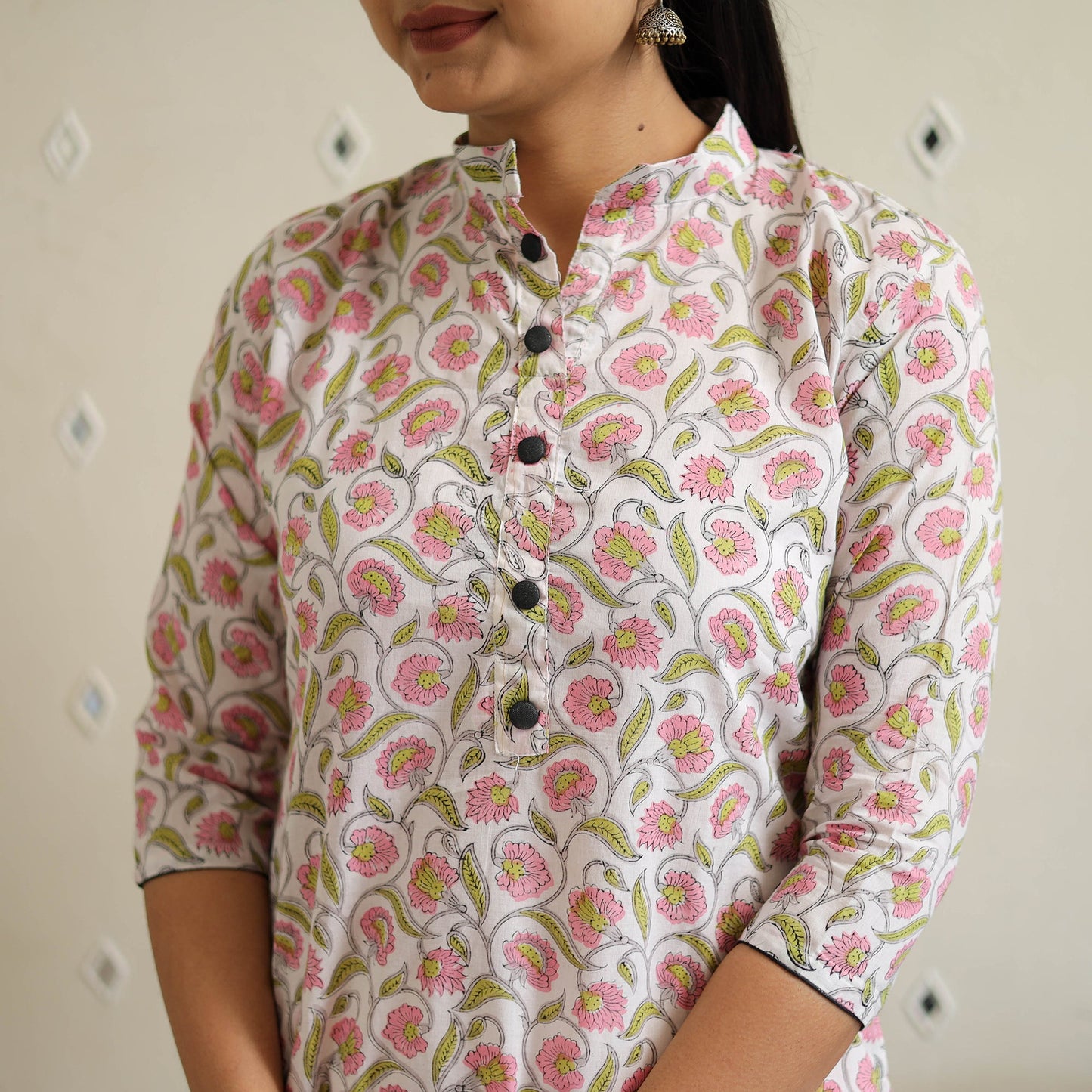 White Block Print Cotton Straight Sanganeri Kurta for Women