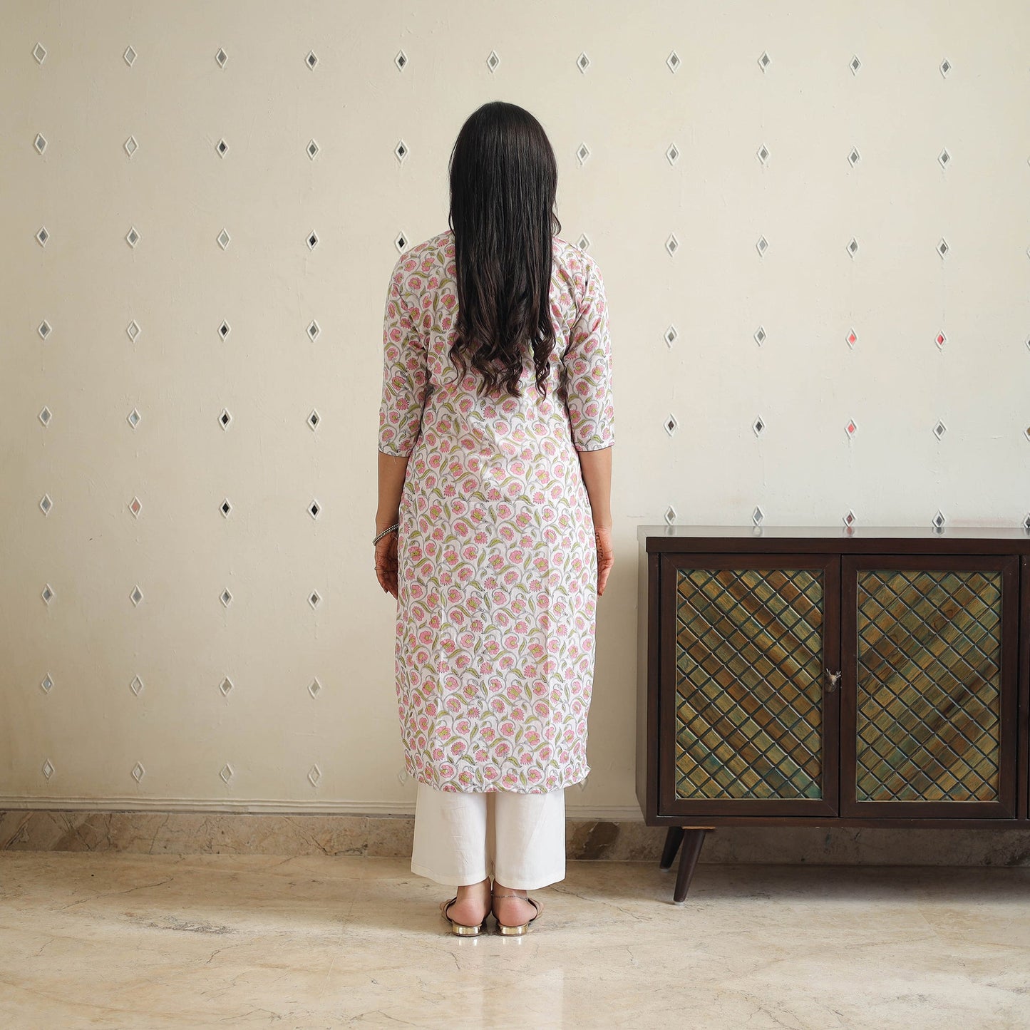 White Block Print Cotton Straight Sanganeri Kurta for Women