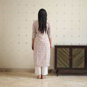 White Block Print Cotton Straight Sanganeri Kurta for Women
