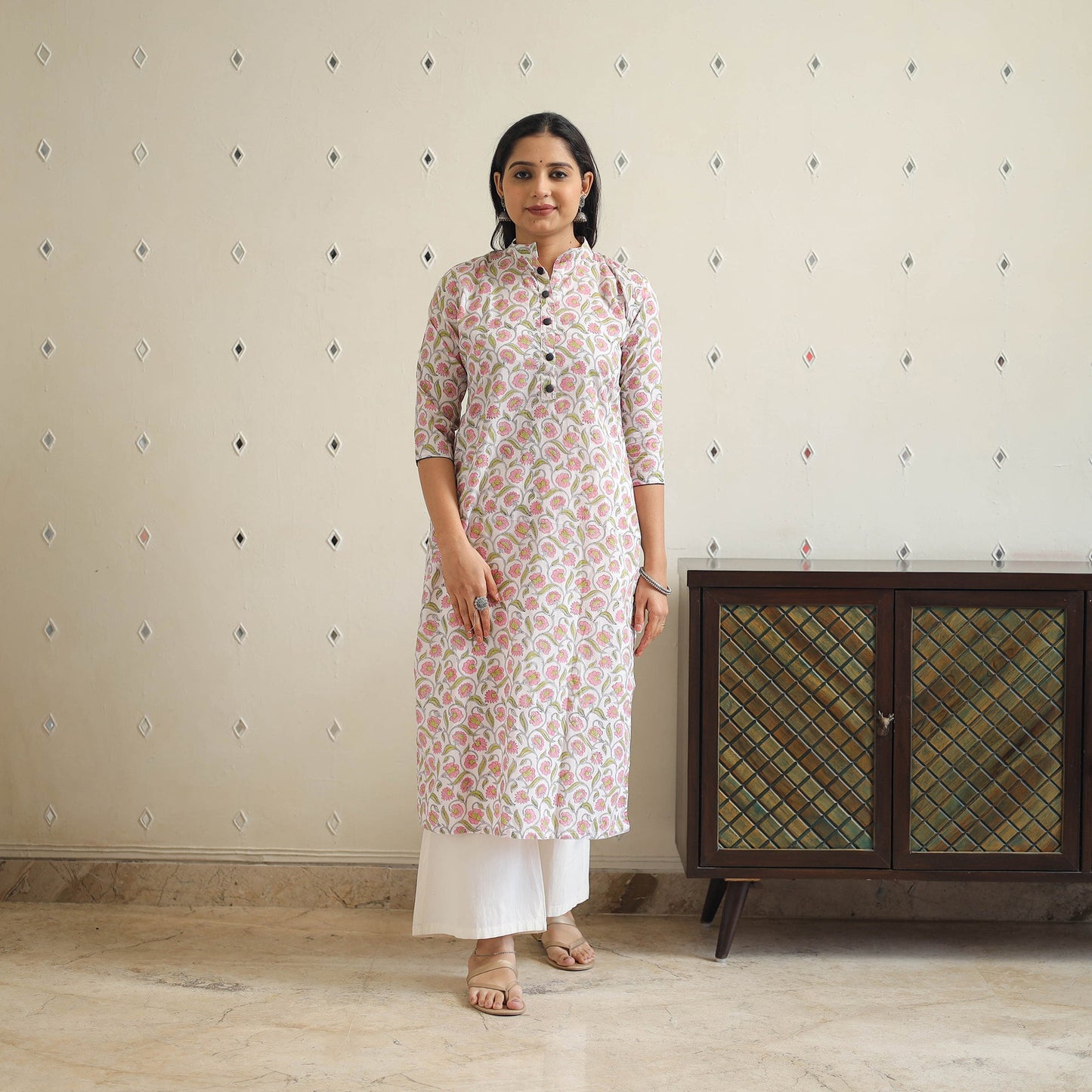 White Block Print Cotton Straight Sanganeri Kurta for Women