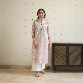 White Block Print Cotton Straight Sanganeri Kurta for Women