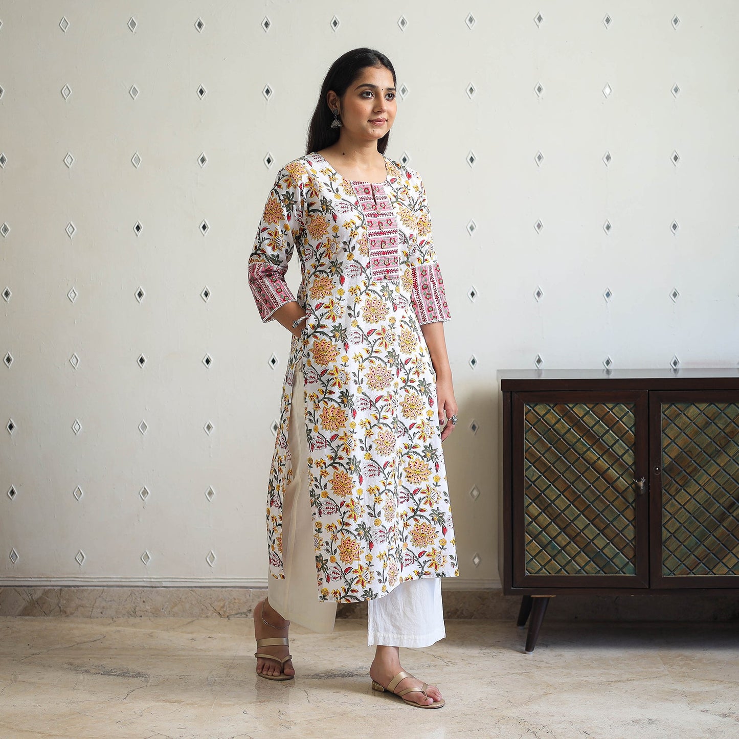  White Sanganeri Print Kurta for Women