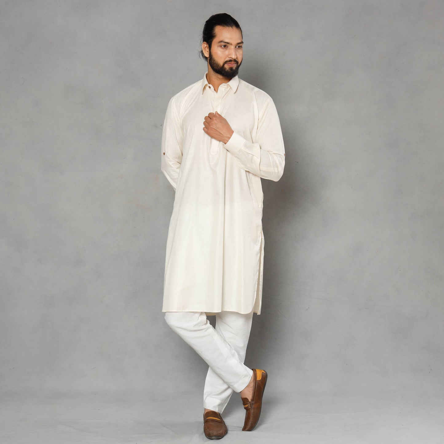 Cream - linen viscose plain men long pathani kurta