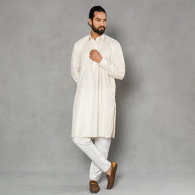 Cream - linen viscose plain men long pathani kurta