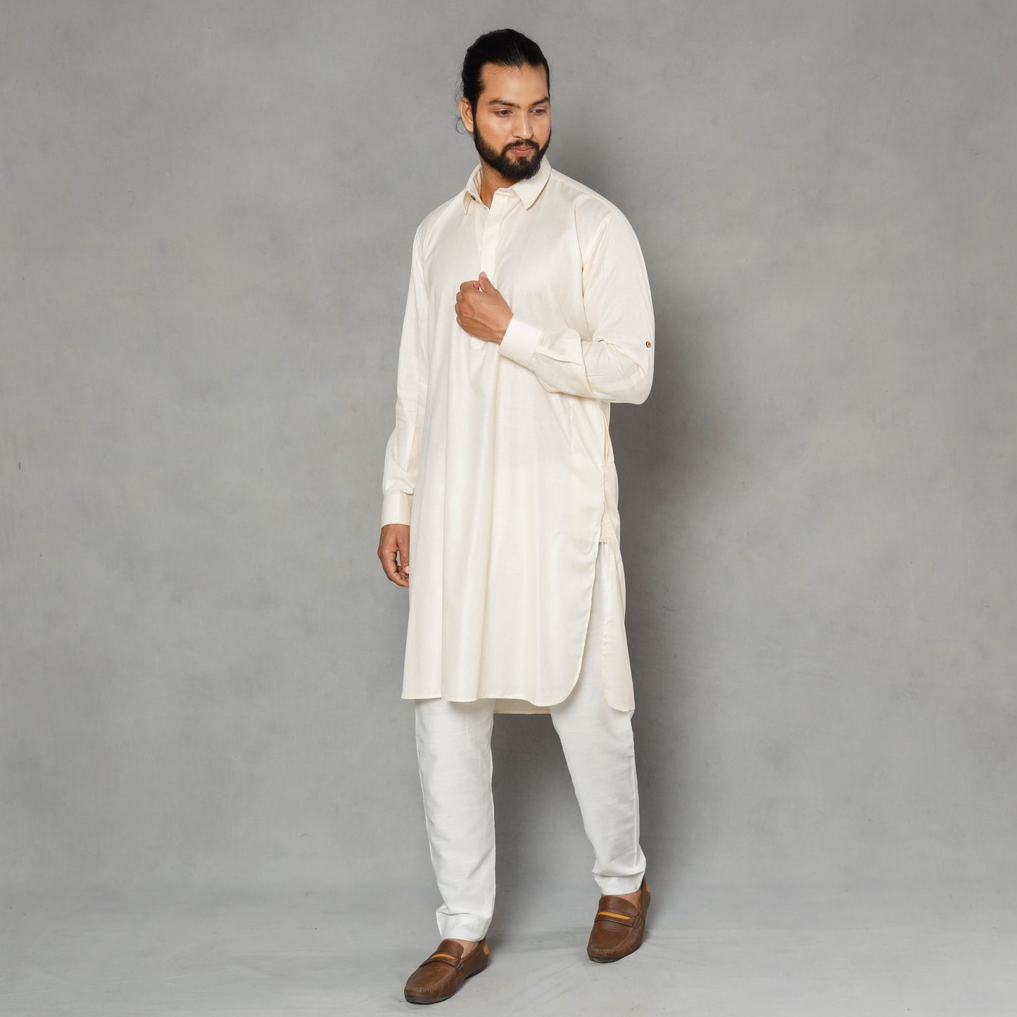 Cream - linen viscose plain men long pathani kurta