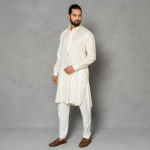 Cream - linen viscose plain men long pathani kurta