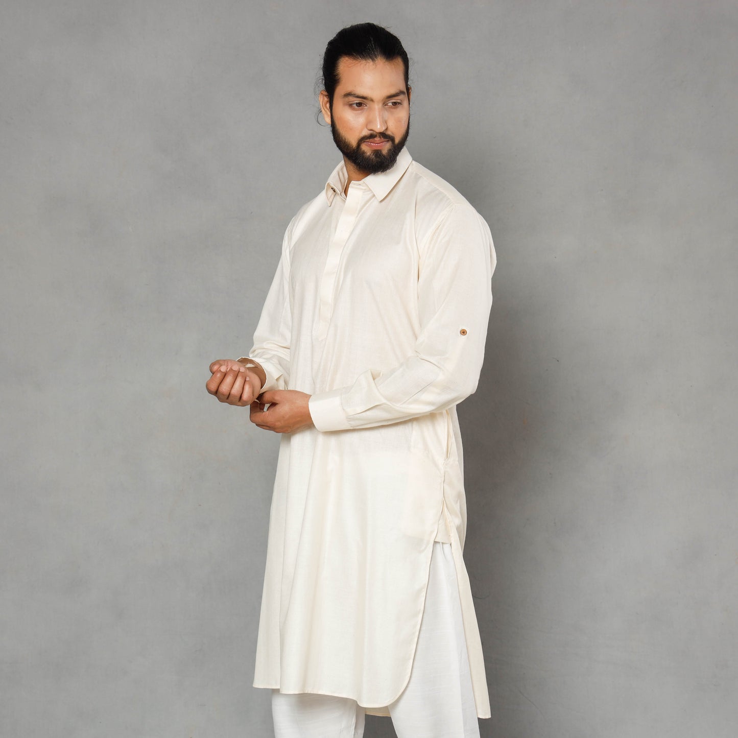 Cream - linen viscose plain men long pathani kurta