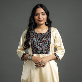 Cream - plain mashru silk with patchwork straight kurta