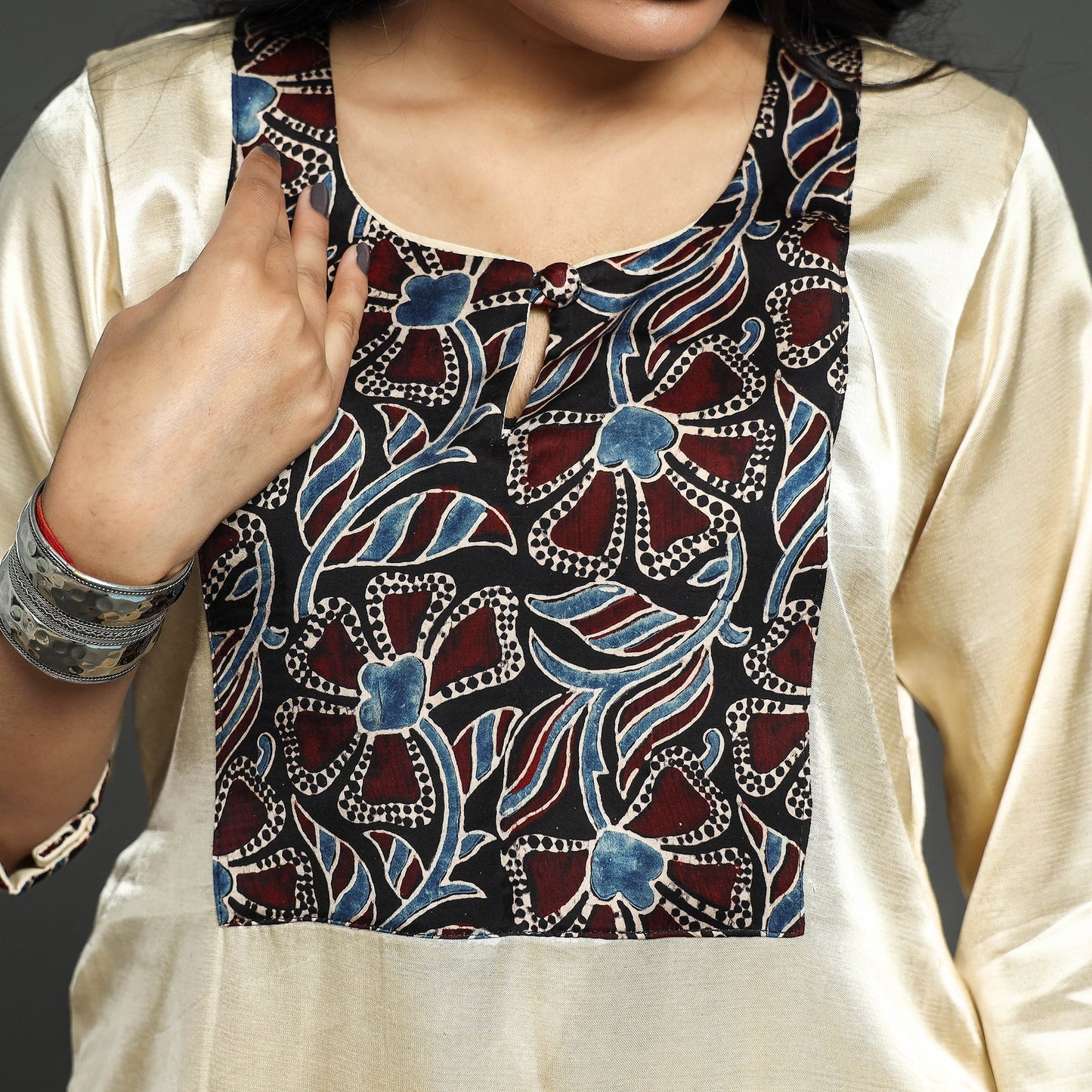 Cream - plain mashru silk with patchwork straight kurta