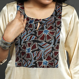 Cream - plain mashru silk with patchwork straight kurta