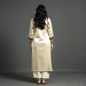 Cream - plain mashru silk with patchwork straight kurta