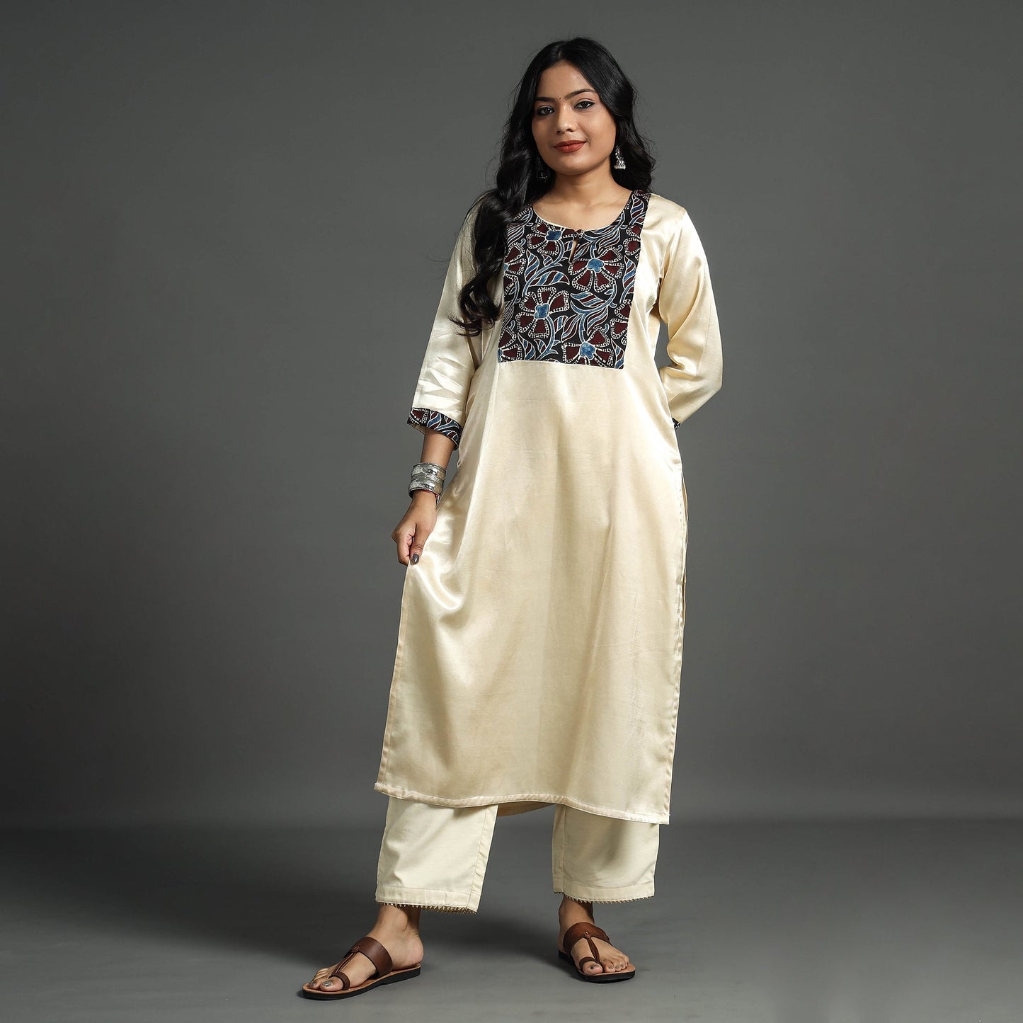 Cream - plain mashru silk with patchwork straight kurta