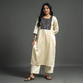 Cream - plain mashru silk with patchwork straight kurta