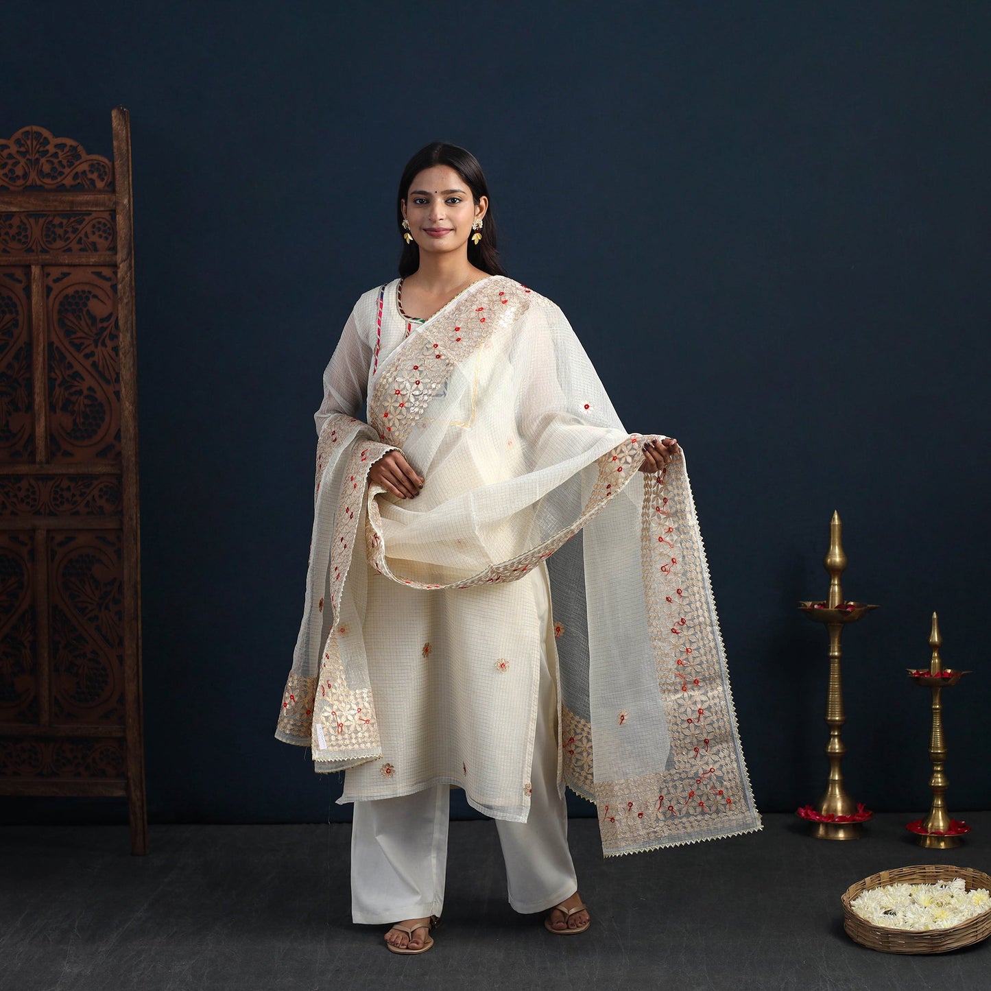 White Elegant Gota Work Silk Kota Doria Kurta Set Online