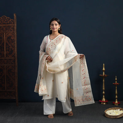White Elegant Gota Work Silk Kota Doria Kurta Set Online