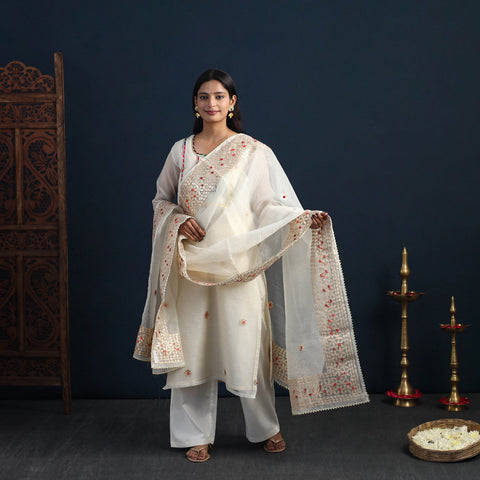 White Elegant Gota Work Silk Kota Doria Kurta Set Online
