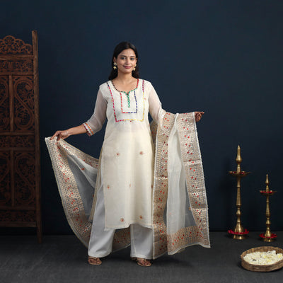 White Elegant Gota Work Silk Kota Doria Kurta Set Online