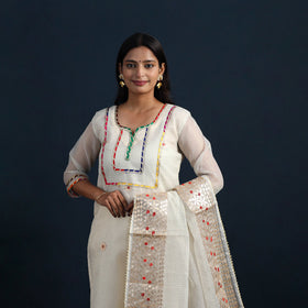 White Elegant Gota Work Silk Kota Doria Kurta Set Online