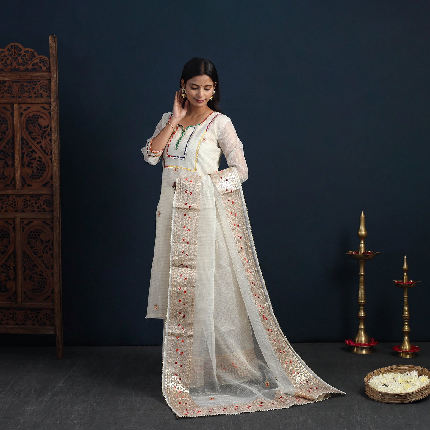 White Elegant Gota Work Silk Kota Doria Kurta Set Online