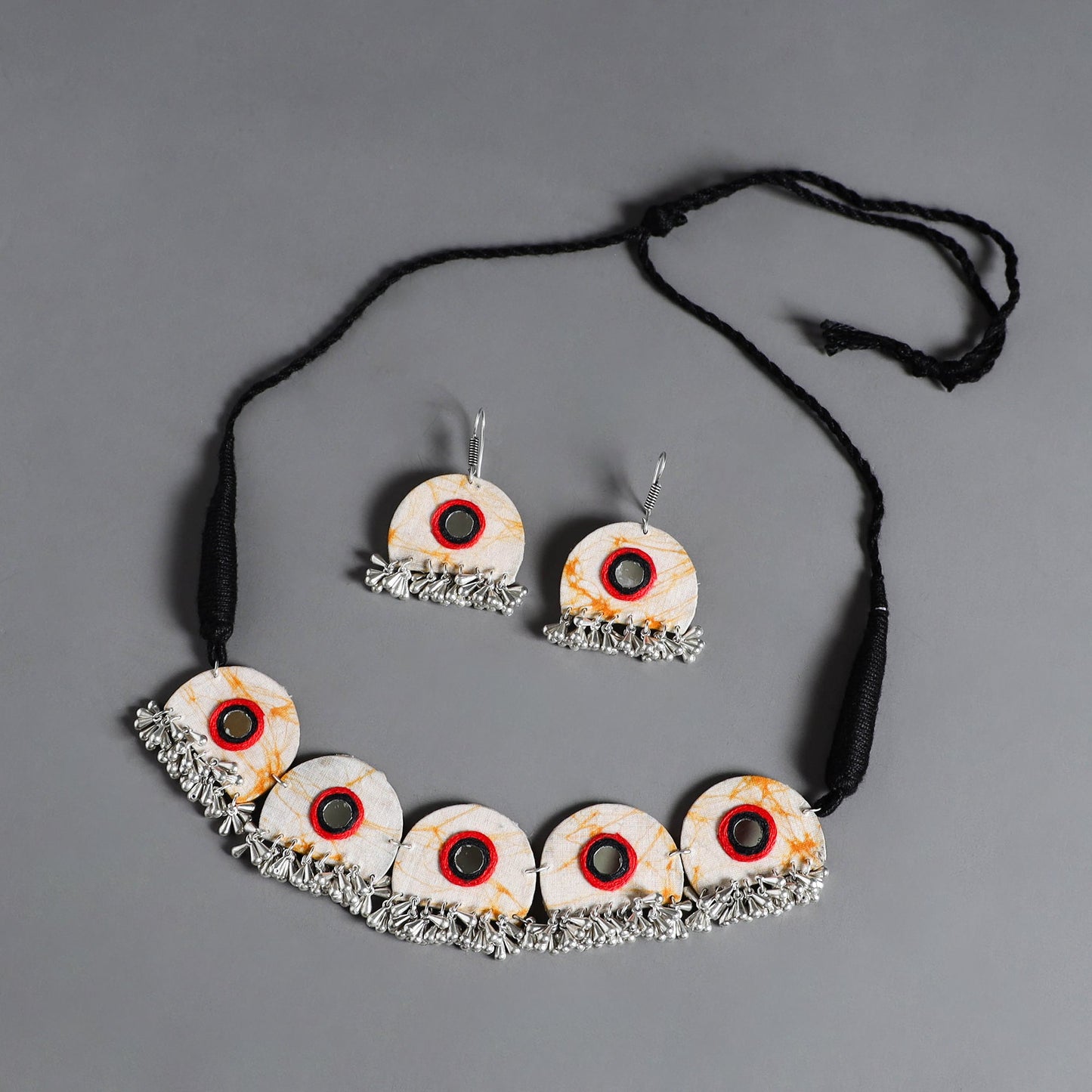 White - fabart german silver mirror work choker necklace