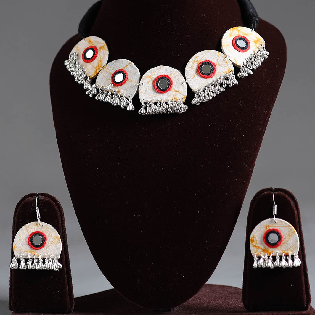 White - fabart german silver mirror work choker necklace