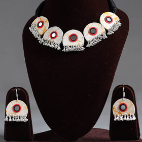 White - fabart german silver mirror work choker necklace