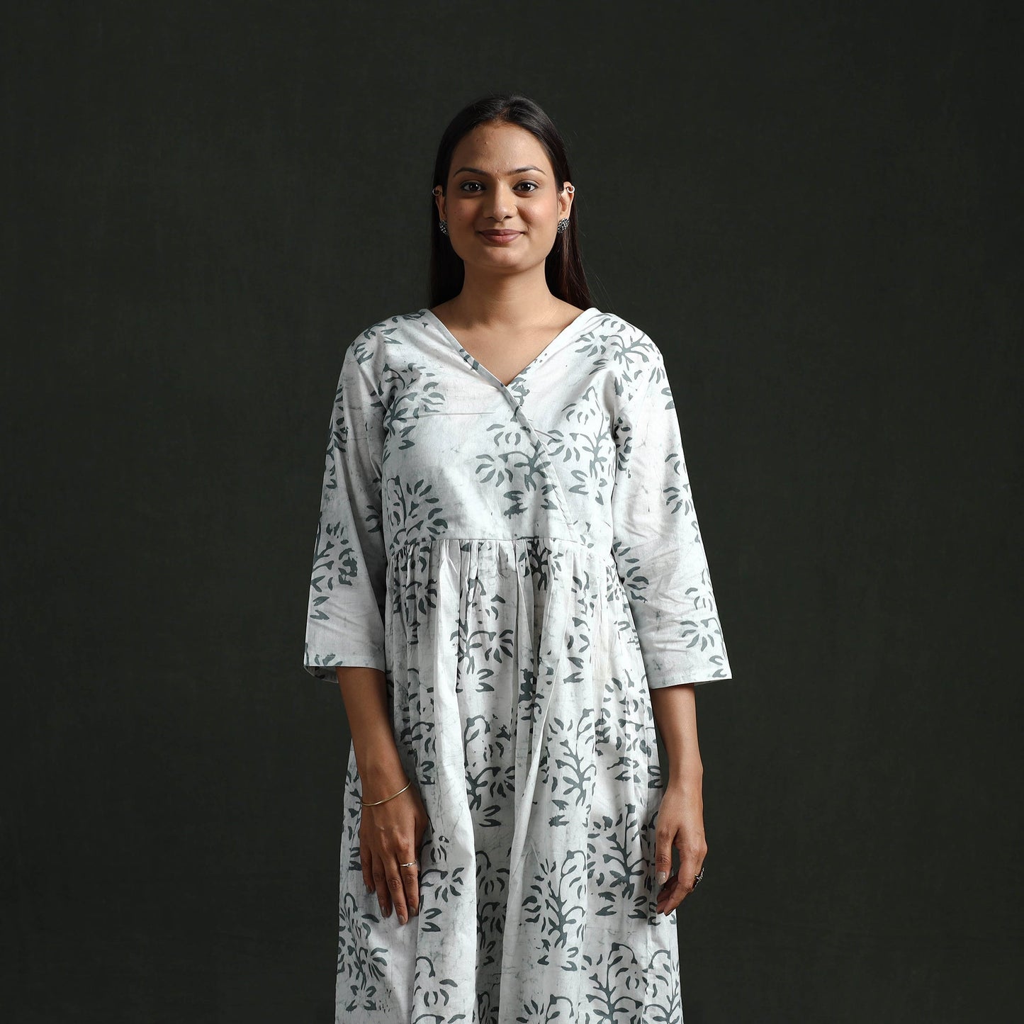 Flared angrakha cotton hand block batik print dress 08