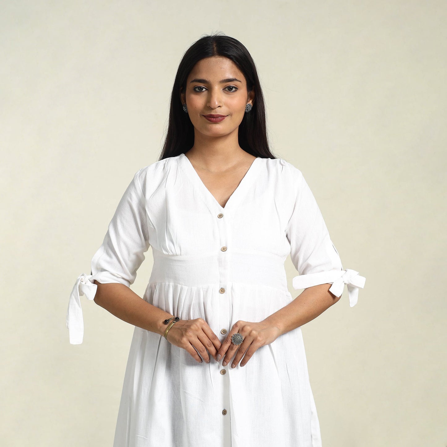 Buy White Flex Cotton Button Down Plain Dress
