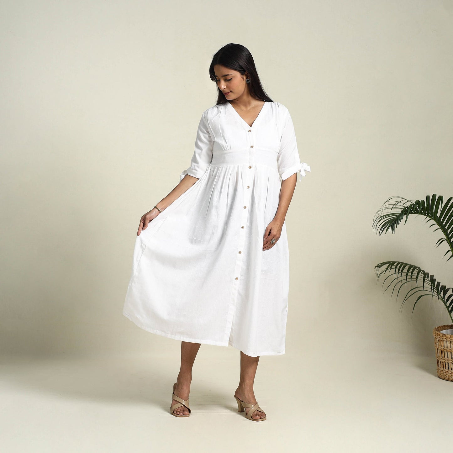 Buy White Flex Cotton Button Down Plain Dress