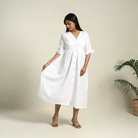 Buy White Flex Cotton Button Down Plain Dress