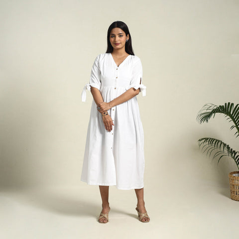 Buy White Flex Cotton Button Down Plain Dress