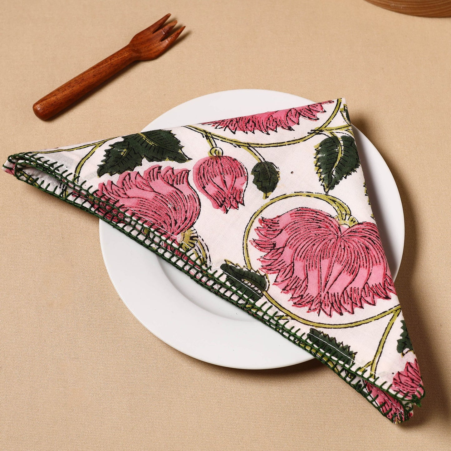 Floral Block Print Cotton Hand Embroidery Table Napkin