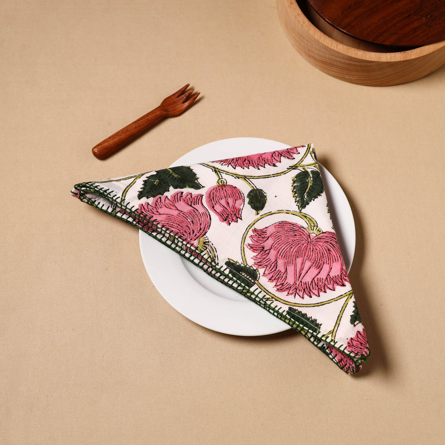 Floral Block Print Cotton Hand Embroidery Table Napkin