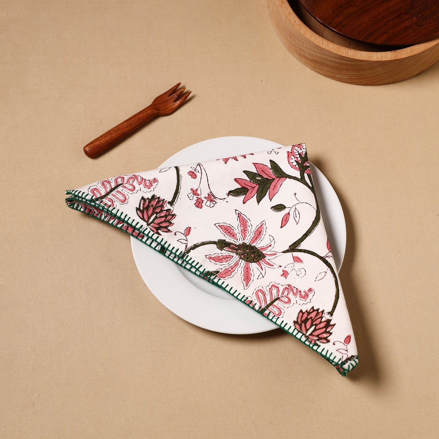 White Floral Block Print Cotton Hand Embroidery Table Napkin