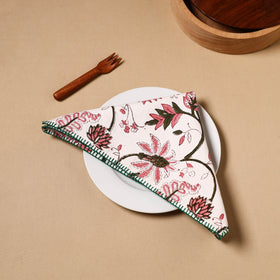 White Floral Block Print Cotton Hand Embroidery Table Napkin