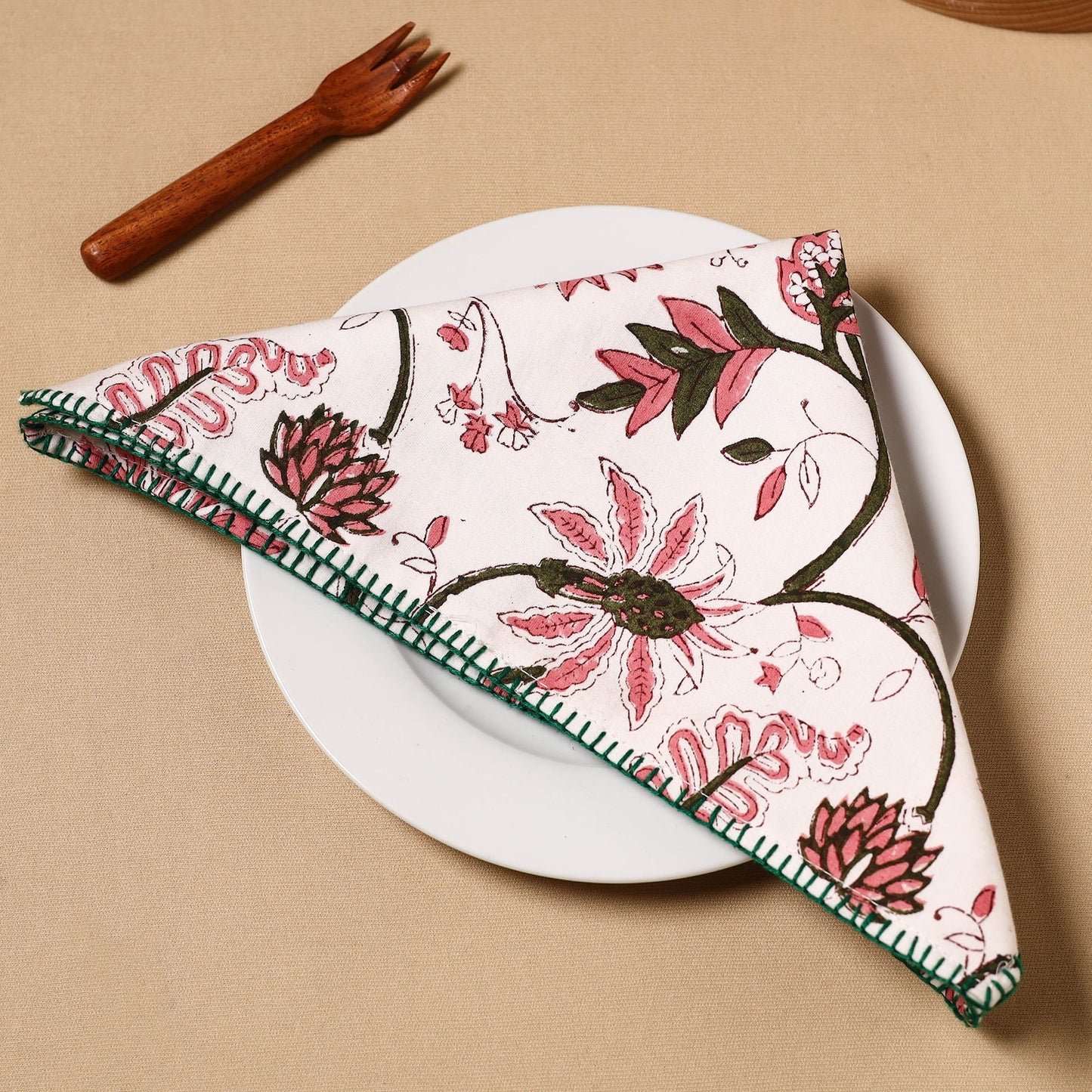 White Floral Block Print Cotton Hand Embroidery Table Napkin