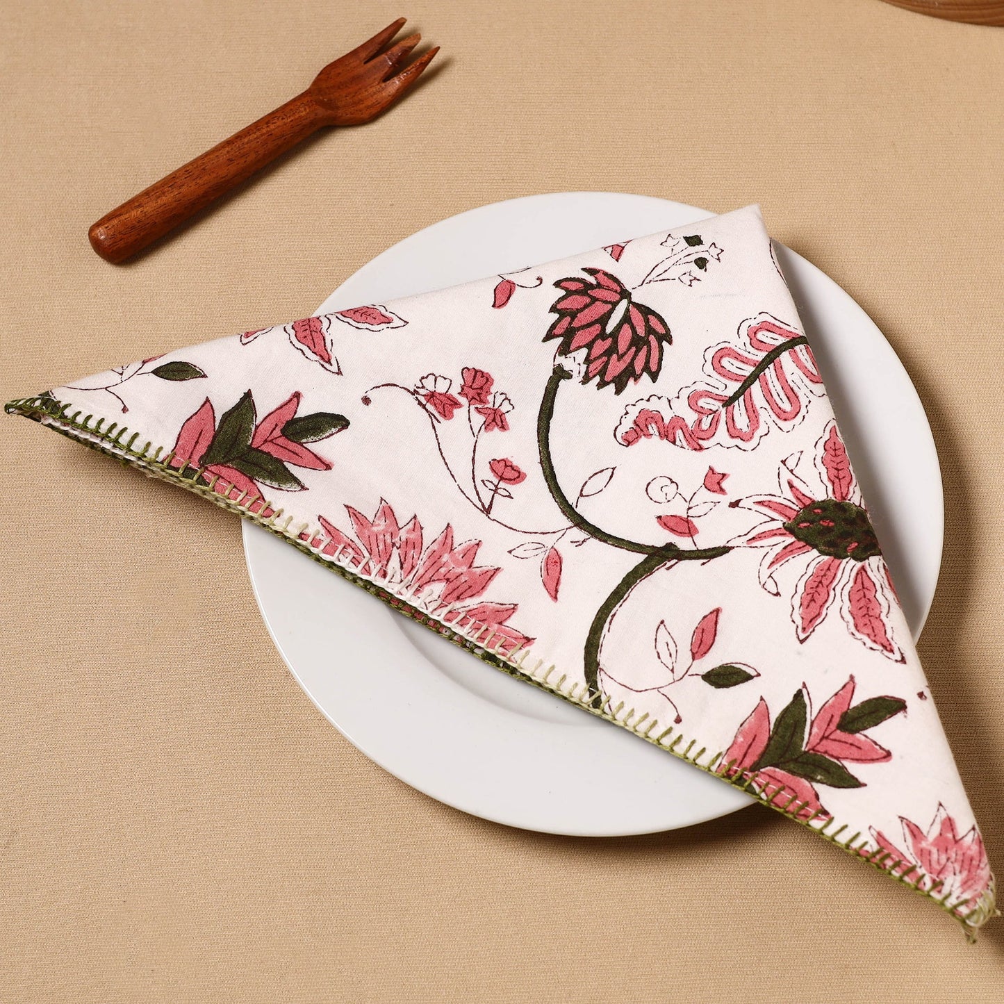 White Floral Block Print Cotton Hand Embroidery Table Napkin