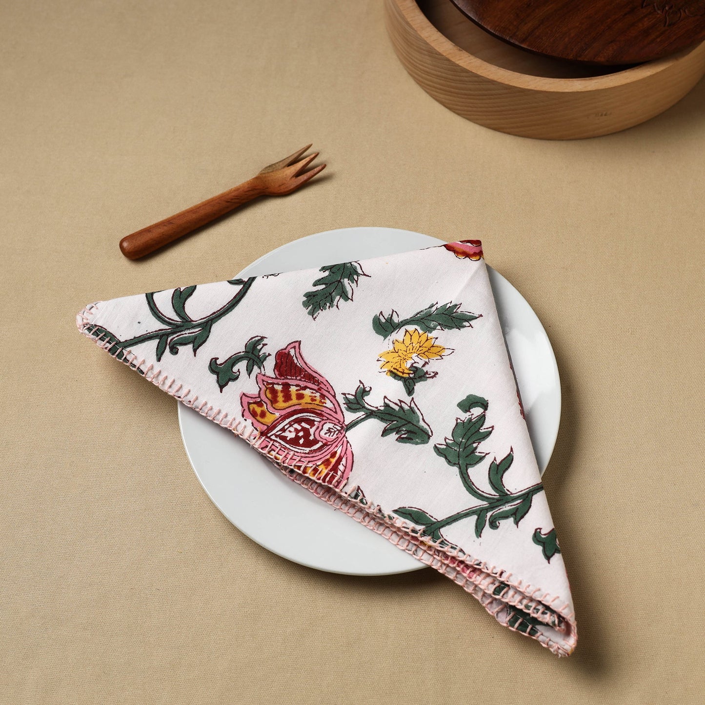 White Floral Block Print Hand Embroidery Table Napkin 03