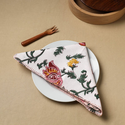 White Floral Block Print Hand Embroidery Table Napkin 03